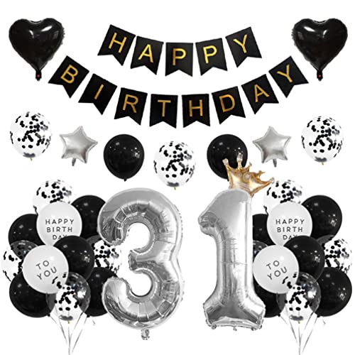 Houhounb 31 Geburtstag Deko 31 Party Luftballons Happy Birthday Banner Latex Ballon Ballon für Deko Junge Mädchen Geburtstag, Schwarz und Silber von Houhounb