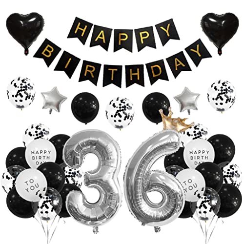 Houhounb 36. Geburtstag Dekoration 36. Party Luftballons Happy Birthday Banner Latexballon Luftballon für Deko Junge Mädchen Geburtstag, Schwarz und Silber von Houhounb