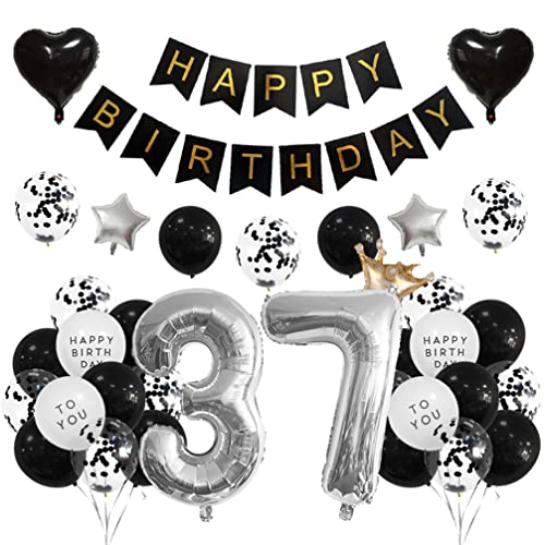 Houhounb 37 Geburtstag Deko 37 Party Luftballons Happy Birthday Banner Latex Ballon Ballon für Deko Junge Mädchen Geburtstag, Schwarz und Silber von Houhounb