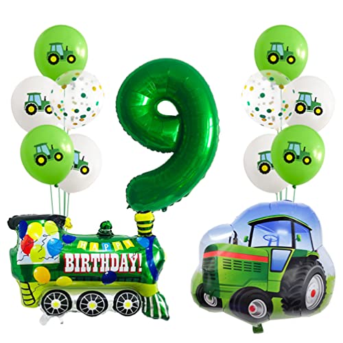 Houhounb 9 Jahre Kindergeburtstag Set Grün Ballon Deko Neue Verkehr Auto Thema Traktor Dampfwagen Aluminiumfolie Ballon Set Partydekoration für 9 Years Children's Birthday Decoration von Houhounb