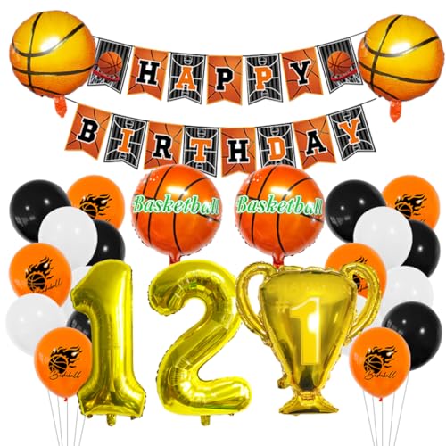 Houhounb Basketball Luftballon Set 12 Jahr Jungen Geburtstagsdeko with Happy Birthday Banner Zahl 12 Ballon FolienBallon Basketball Druck Ballon Trophäe Ballon für 12. Geburtstag Party Dekoration von Houhounb