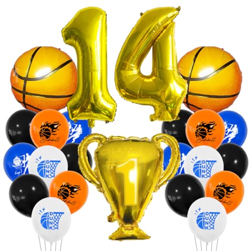 Houhounb Basketball Luftballon Set 14 Jahr Jungen Geburtstagsdeko Zahl 14 Ballon FolienBallon Basketball Druck Ballon Trophäe Ballon für 14. Geburtstag Party Dekoration von Houhounb