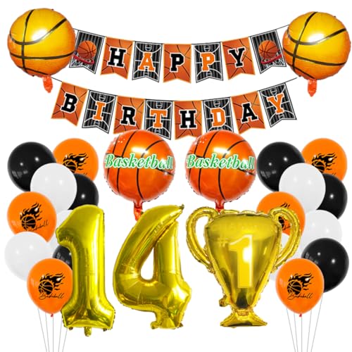 Houhounb Basketball Luftballon Set 14 Jahr Jungen Geburtstagsdeko with Happy Birthday Banner Zahl 14 Ballon FolienBallon Basketball Druck Ballon Trophäe Ballon für 14. Geburtstag Party Dekoration von Houhounb