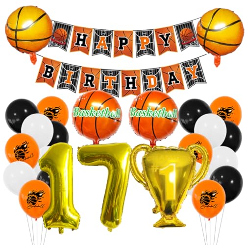 Houhounb Basketball Luftballon Set 17 Jahr Jungen Geburtstagsdeko with Happy Birthday Banner Zahl 17 Ballon FolienBallon Basketball Druck Ballon Trophäe Ballon für 17. Geburtstag Party Dekoration von Houhounb