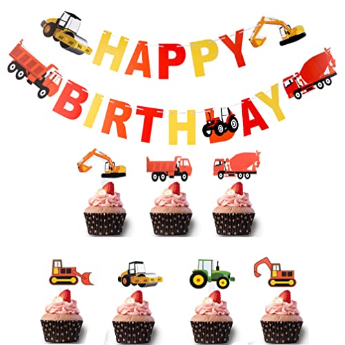 Houhounb Baufahrzeug Geburtstag Kuchendekoration Happy Birthday Banner Rot Traktor Bagger Kindergeburtstag Deko Cake Topper für Baby Jungen Mädchen Geburtstag Party Dekoration,22 Stück von Houhounb