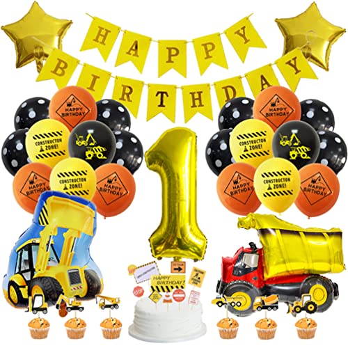 Houhounb Baufahrzeuge Party Dekoration 1 Jahr Kindergeburtstag Bagger Truck Luftballons Bau Dekorationen Happy Birthday Banner Folienballons Geburtstagsdeko für 1. Geburtstag Party von Houhounb