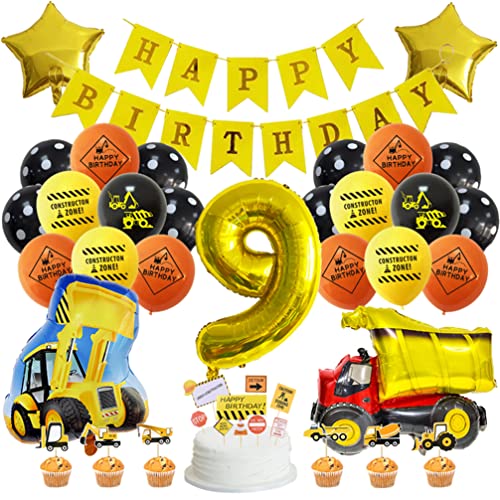 Houhounb Baufahrzeuge Party Dekoration 9 Jahr Kindergeburtstag Bagger Truck Luftballons Bau Dekorationen Happy Birthday Banner Folienballons Geburtstagsdeko für 9. Geburtstag Party von Houhounb