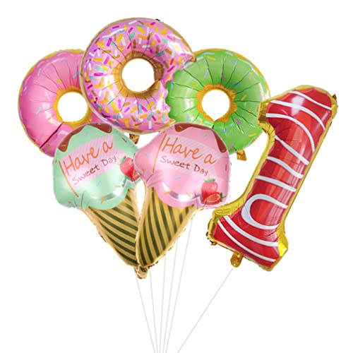 Houhounb Donut Geburtstag Dekoration Set Donutfolie Ballons - 2x Eiscreme Folienballons +Zahl 1 Zahlenballon+3x Donuts Aluminiumballons Kinder 1. Geburtstag Party Dekoration für Junge Mädchen von Houhounb