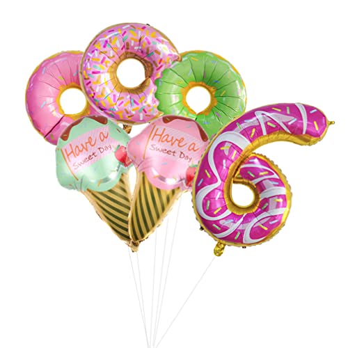 Houhounb Donut Geburtstag Dekoration Set Donutfolie Ballons - 2x Eiscreme Folienballons +Zahl 6 Zahlenballon+3x Donuts Aluminiumballons Kinder 6. Geburtstag Party Dekoration für Junge Mädchen von Houhounb