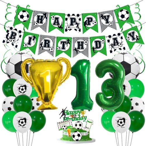 Houhounb Fußball Grüner Serie 13. Geburtstag Deko Fussball Deko Happy Birthday Banner Party Deko No.13 Fußball Luftballon Tortendeko für Thema Fußball 13 Jahre Geburtstag Dekoration von Houhounb