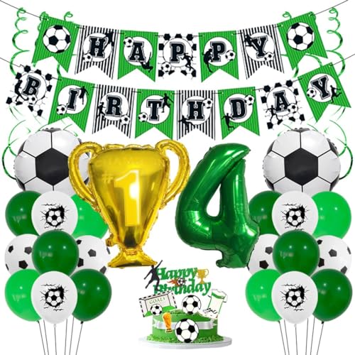 Houhounb Fußball Grüner Serie 4. Geburtstag Deko Fussball Deko Happy Birthday Banner Party Deko No.4 Fußball Luftballon Tortendeko für Thema Fußball 4 Jahre Geburtstag Dekoration von Houhounb