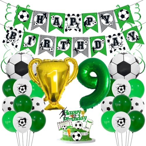 Houhounb Fußball Grüner Serie 9. Geburtstag Deko Fussball Deko Happy Birthday Banner Party Deko No.9 Fußball Luftballon Tortendeko für Thema Fußball 9 Jahre Geburtstag Dekoration von Houhounb