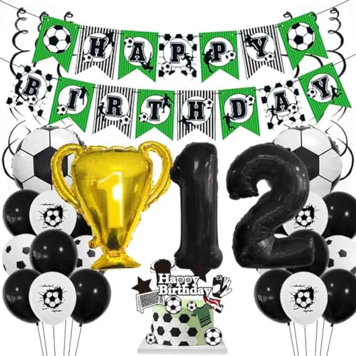 Houhounb Fußball Schwarze Serie 12. Geburtstag Deko Fussball Deko Happy Birthday Banner Party Deko Kinder Fußball Luftballon Tortendeko für Thema Fußball 12 Jahre Geburtstag Dekoration von Houhounb