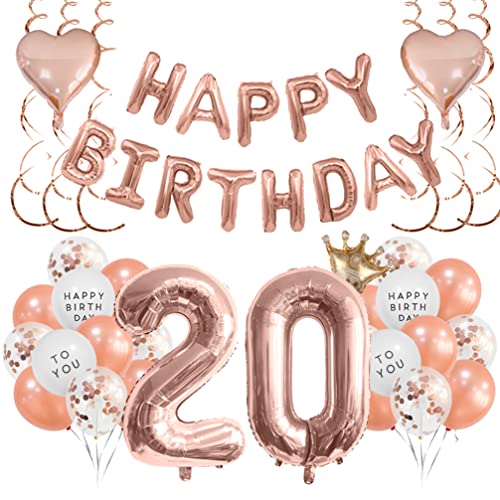 Houhounb Geburtstagsdeko Mädchen Roségold 20. Geburtstag Dekoration 20. Party Luftballons Happy Birthday Banner Folienballon Latexballon für Deko Mädchen Tochter Geburtstag von Houhounb