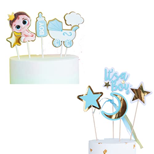 Houhounb It's a Boy Tortendeko Blau Gender Reveal Cake Decorations Kuchen Topper Junge Babyparty Kinderwagen Stern Mond Cake Topper Zubehör Tortendekoration Baby Taufe,9 Stück von Houhounb