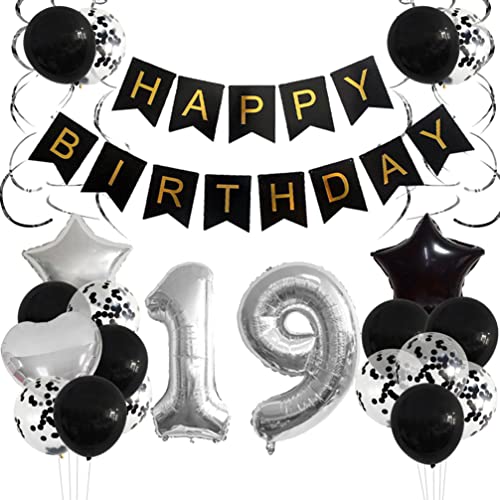 Houhounb Schwarz 19 Geburtstag Party Dekoration Set Happy Birthday Banner Herzförmige Folienballons Schwarz Silber Luftballons Konfetti Ballon Happy Birthday Girlande für Mädchen Junge von Houhounb