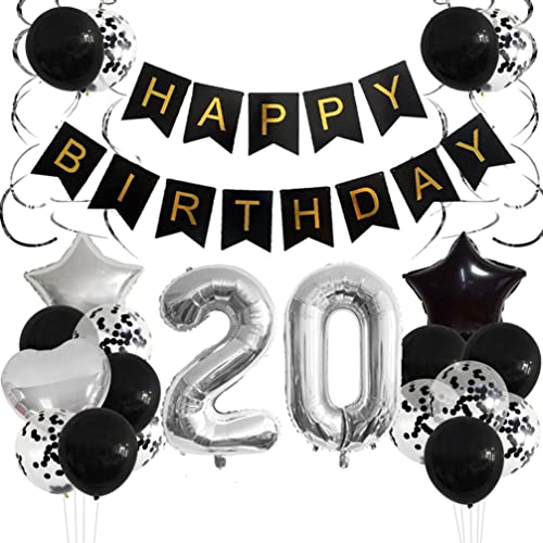 Houhounb Schwarz 20 Geburtstag Party Dekoration Set Happy Birthday Banner Herzförmige Folienballons Schwarz Silber Luftballons Konfetti Ballon Happy Birthday Girlande für Mädchen Junge von Houhounb