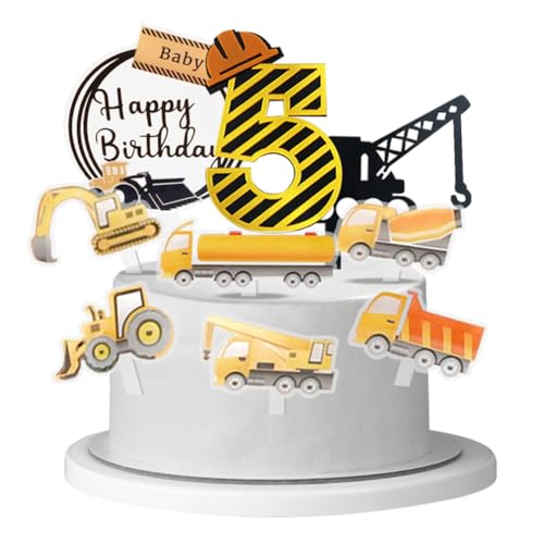 Houhounnb Baufahrzeug Tortendekorationen Acryl Cake Topper 5 Jahr Geburtstag Bulldozer Bagger Kran Mixer Tortenstecker Kuchenstecker für Kinder 5. Geburtstag Party Dekoration von Houhounb