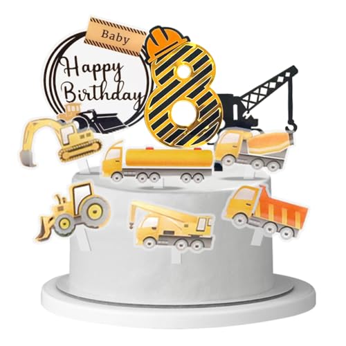 Houhounnb Baufahrzeug Tortendekorationen Acryl Cake Topper 8 Jahr Geburtstag Bulldozer Bagger Kran Mixer Tortenstecker Kuchenstecker für Kinder 8. Geburtstag Party Dekoration von Houhounb