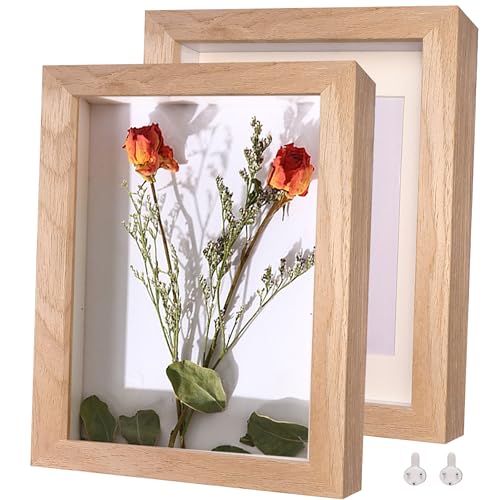 3D Bilderrahmen Holz 20x25cm 2 Pack Teakholz Fotorahmen aus Massivholz und Echtglas für Objekte bis 1.5cm von Houstimi