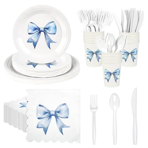 Conquette Partyzubehör mit blauer Schleife, 175-teiliges Set mit blauer Schleife, Pappteller, Cocktail-Servietten, Tassen und Besteck für Mädchen, Party, Verlobung, Babyparty von Houuqe