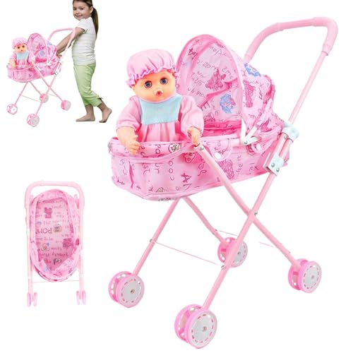 2 Teile/satz Puppenwagen mit Puppe, faltbares tragbares Babypuppenwagen-Set, niedliche bewegliche Babypuppe mit großen Augen und tragbarer Kleidung, Puppenwagen mit verstellbarem Baldachin für Kleinki von HoveeLuty