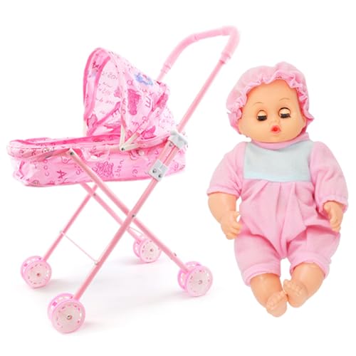 2-teiliges Puppenwagen-Set mit Puppe, faltbares tragbares Babypuppen-Kinderwagen-Set, süße bewegliche Babypuppe mit großen Augen und tragbarer Kleidung, Puppenwagen mit verstellbarem Verdeck für von HoveeLuty