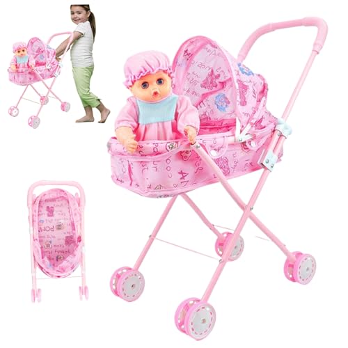 2-teiliges Puppenwagen-Set mit Puppe, faltbares tragbares Babypuppen-Kinderwagen-Set, süße bewegliche Babypuppe mit großen Augen und tragbarer Kleidung, Puppenwagen mit verstellbarem Verdeck für von HoveeLuty