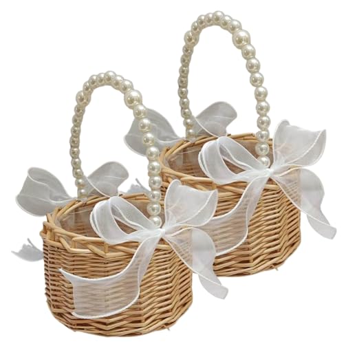 Blumenmädchenkorb 2er-Set Rattan-Blumenkorb mit Perlengriff und Schleife Dekorative Blumenmädchenkörbe für Hochzeiten Zeremonie Style1 Blumenkorb Blumenmädchenkorb 2er-Set Blumenmädchenkörbe für von HoveeLuty