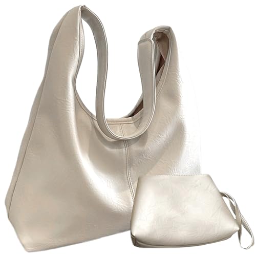 Umhängetasche für Damen, beige, weiß, großes Fassungsvermögen, Leder-Tragetasche mit Magnetverschluss, Retro und stilvoll, einfach passende Beuteltaschen für Damen, Umhängetasche, Leder-Tragetasche fü von HoveeLuty