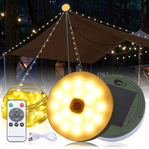 Howeifull 12M Camping Lichterkette Aufrollbar 120 LED, 3600mAh Solar und USB Aufladung 2 in 1 Solar Campinglampe mit 8 Modi und Fernbedienung für Camping Wandern Garten Deko von Howeifull