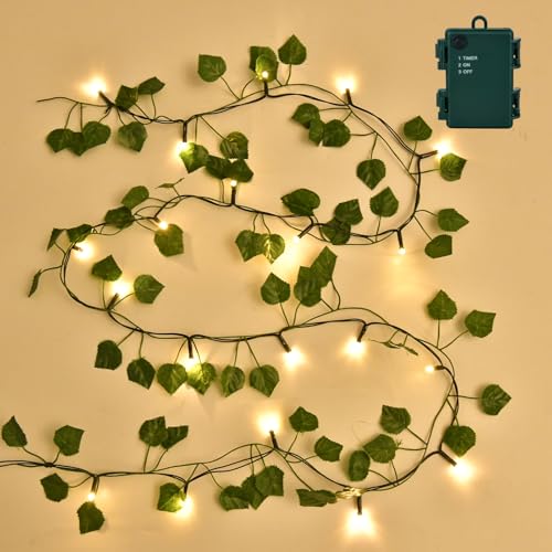 Hoyasumi Efeu Lichterkette Batterie, 2M 20 LED Efeu Künstlich Girlande Lichterkette Innen Batterie mit Timer, Grüne Blatt, IP65 Wasserdicht für Büro Küche Garten Hochzeit Innen Wanddekoration von Hoyasumi