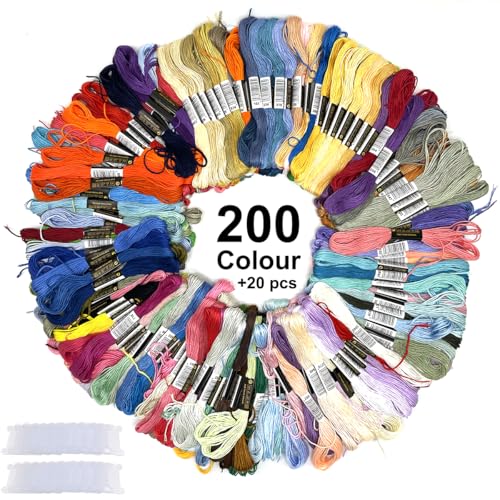 Armbandschnur-Set, 200 Farben, Regenbogenfarben, Stickgarn, Kreuzstich-Stickgarn, Baumwollgarn, Armbandgarn, Bastelfäden mit 20 Kunststoffspulen (200 Farben) von Hozzwhoo