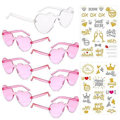 Hpbaggy Partybrille Herz Sonnenbrille,7 Stück JGA Sonnenbrille mit 2 JGA Tattoo Team Bride,Party Sonnenbrille Team Bride,Heart Shaped Sunglasses,JGA Deko Accessoires (Rosa und Weiß) von Hpbaggy