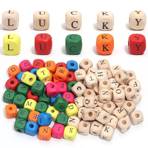 200pcs Holzbuchstaben Perlen Holzwürfel Zufällige gemischte Alphabet gemischte große Lochperlen 10x10x10 mm für DIY -Armbänder Halsketten Ohrringe Handwerk Schmuckherstellung von Hperu