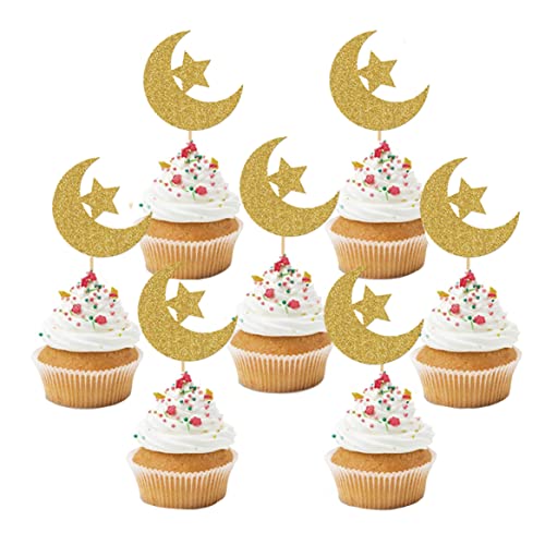 Hperu Eid Mubarak Cupcake Topper Sticks Glitzer Eid Kuchendekorationen Muslimparty liefert Moon Star Cupcake Topper von Hperu