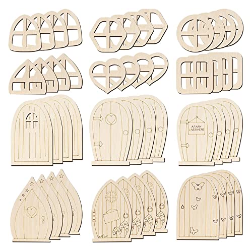 Hperu Miniaturentür Feen -Tür Holzmärchentüren für Baum unfertiger Mini Fenster Feenhaus DIY Kit Fairy Garden Accessoires für Zuhause 48 PCS Style 1 von Hperu