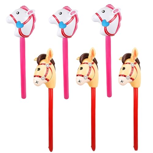 Stick Horse 6 PCs Hobby Pferd 40 Zoll niedlich aufblasbarer Pferdestift Bunte Blow -up PVC Reitpferdkopfstick Ballon für Weihnacht Cowboy Cowgirl Horse Themenparty Dekor, zufällige Farbe von Hperu