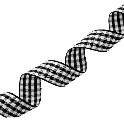 Hrlace 1 Rollen Karoband Gingham-Band Geschenkband 50 Yards Dekoband Polyesterband Weihnachtsband für Basteln, Schleifen, Nähen, Geschenkverpackungen, Bunte Dekos Schwarz 1.0cm von Hrlace