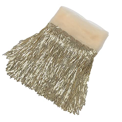 Hrlace 10 Yards Pailletten Fransenband 20CM Breite Fransenborte Glitzer Quaste Fransen Fransenbordüre Tanzfransen Garment Apparel Nähzubehör für DIY Handwerk Rock Kostüm Nähen Beige von Hrlace