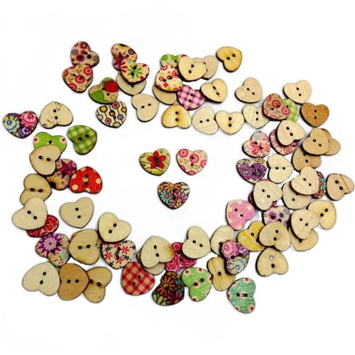 Hrlace 100 Stück Knöpfe in Herzform mit 2 Löchern 17mm Vintage Bedruckt Bunt Knöpfe Blumenmuster Holzknöpf Malerei Holz Nähen Knopf dekorative Button zum Nähen, Scrapbooking, Handwerksprojekte von Hrlace