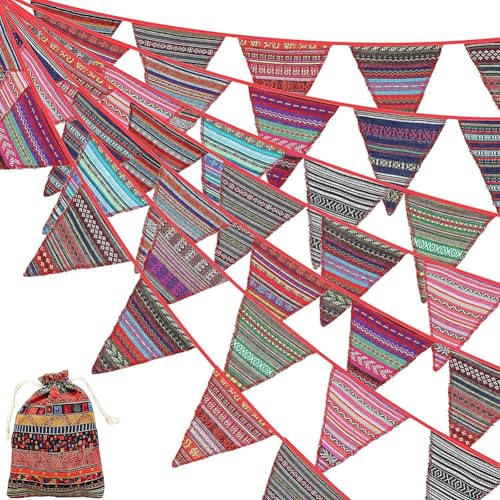 Hrlace 15M Boho Wimpelkette Vintage Bunt Dreieckige Flaggen Wimpel Girlande Ethnische Wimpelfahnen DIY Dekorative Ammergirlande Banner für Draussen Garten Hochzeit Geburtstag Party Deko 15M von Hrlace