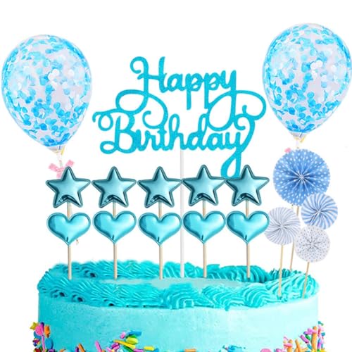 Hrlace 17 Stück Tortendeko Geburtstag Happy Birthday Kuchendeko Glitzer Sterne Topper Konfetti Luftballon Tortendeko Cake Topper Glitzer Geburtstagsdeko für Junge Mädchen Männer Frauen Blau von Hrlace