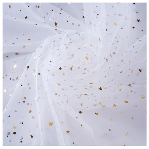 Hrlace 1M Tüllstoff 150cm Breit Glitzer Tüll Dekostoff Stern Mond Pailletten Tüll Stoff Tüllband Glitzer Garn Deko Fabric für DIY Nähen Bekleidung Tutu Röcke Hochzeit Party Deko Weiß 100 x 150cm von Hrlace