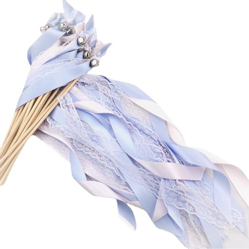 Hrlace 30 Stück Blau Wedding Wand Feenstäbe Ribbon Zauberstäbe Hochzeit Luftschlangen mit Glocken und Holzstäbchen Spitzenfeenstab Seidenfeenstab für Hochzeiten Geburtstage Weihnachten Party von Hrlace