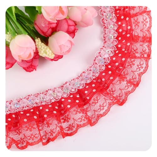 Hrlace 5 Yards Spitzenborte mit Pailletten Paillettenband Elastisches Spitzenbesatz Plissee Mesh Spitzenband Gekräuselte Plissierte Spitzen Stoffborte für DIY Nähen Handwerk Hochzeit Deko Rot von Hrlace