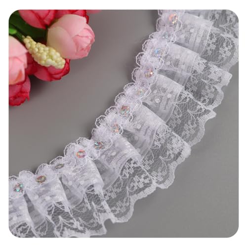 Hrlace 5 Yards Spitzenborte mit Pailletten Paillettenband Elastisches Spitzenbesatz Plissee Mesh Spitzenband Gekräuselte Plissierte Spitzen Stoffborte für DIY Nähen Handwerk Hochzeit Deko Weiß von Hrlace