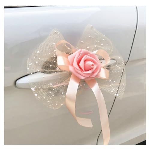 Hrlace 8 Stück Autoschmuck Hochzeit Auto Deko Blumen Autoschleife Wedding Car Schleife mit Rosen Hochzeitsauto Rückspiegel Türgriff Dekoschleife für Hochzeitsdeko Champagner von Hrlace