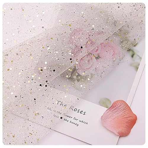 Hrlace Sparkly Stoff Fabrics Meterware Pailletten Stoffe Tüllstoff Netzstoff Glitzer Garn Dekostoff mit kleine Pailletten für DIY handgemachte Hochzeit Kleid Home Deko Weiß Gold 150cm * 1m von Hrlace