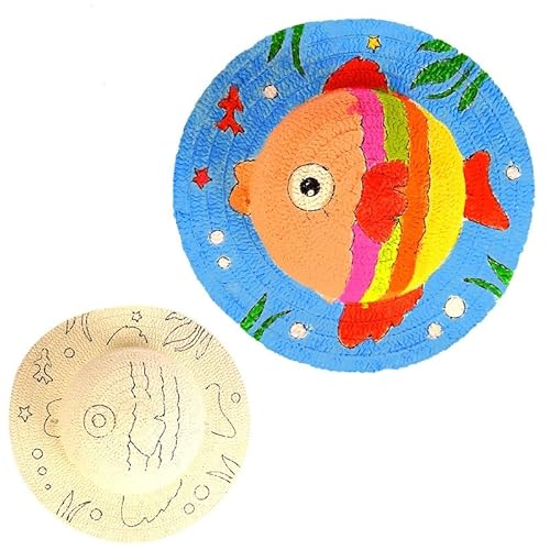 Hrlace Strohhut Kinder Kappe zum Bemalen DIY Malmalerei Leere Strohhüte Strand Strohhut Kinder Basteln Handwerk Spielzeug Deko für Ostergeburtstagsfeier Gefälligkeiten, 2 set Fisch von Hrlace